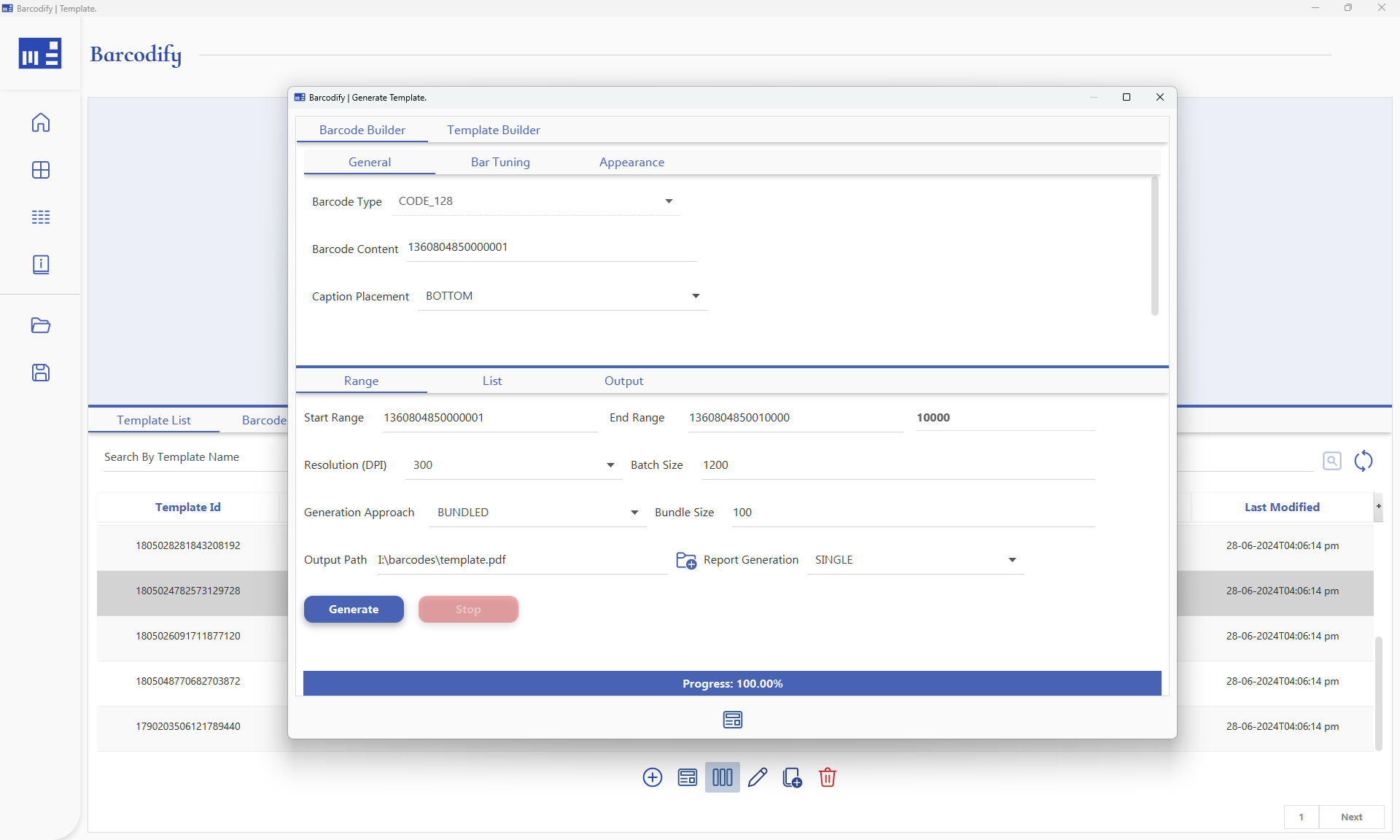 Generating CODE128 barcode template using range