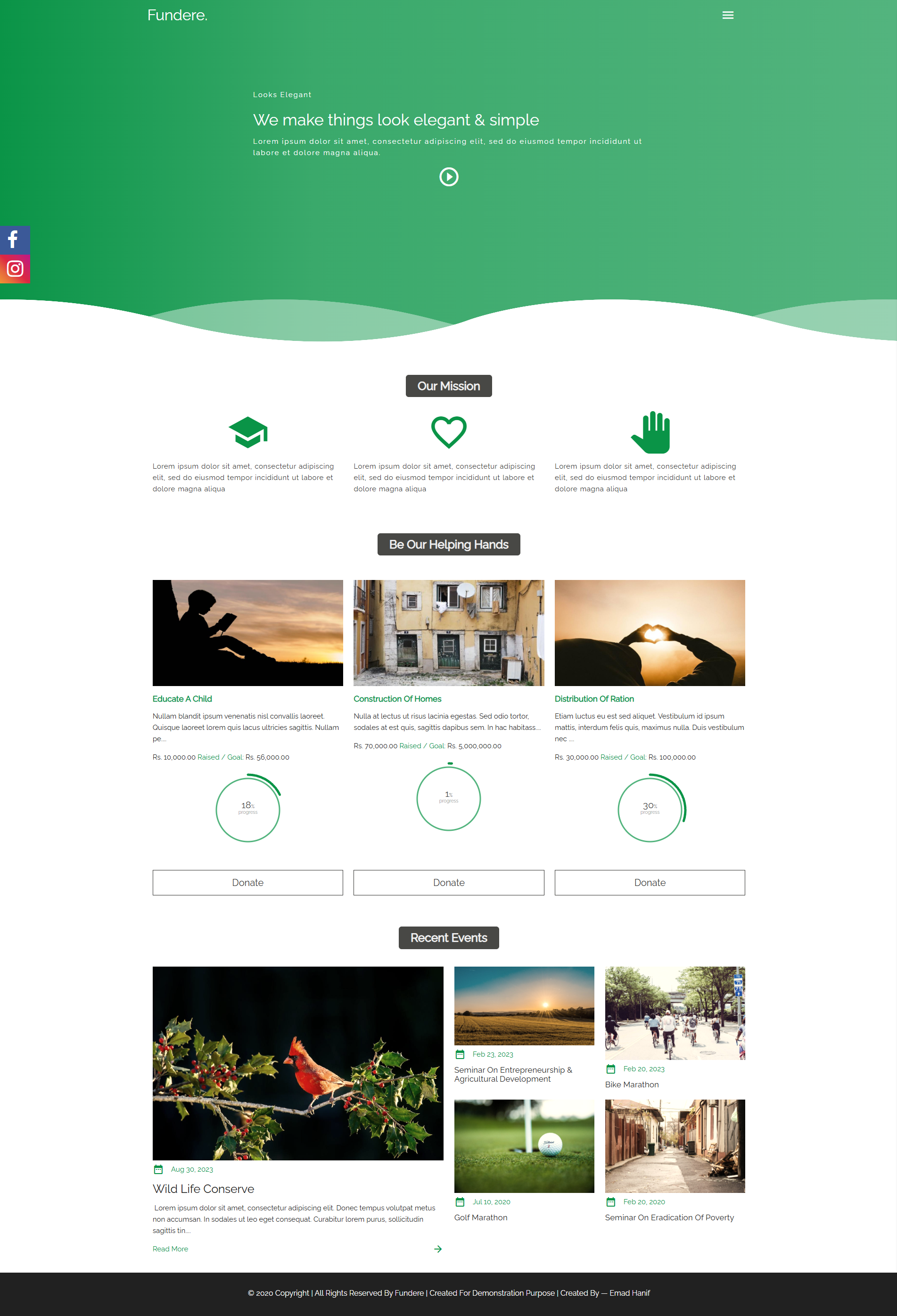 Home page interface showing recent charity events and causes