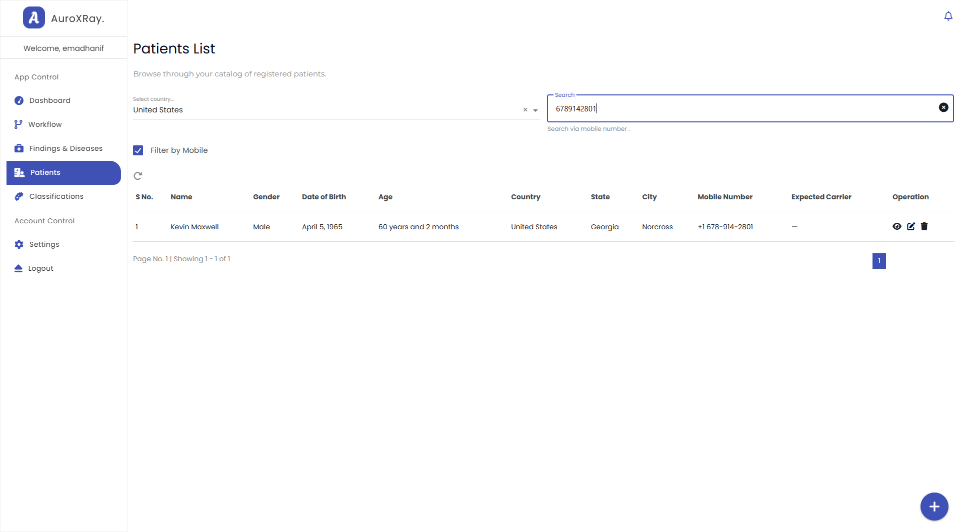 AuroXRay patient search by mobile number