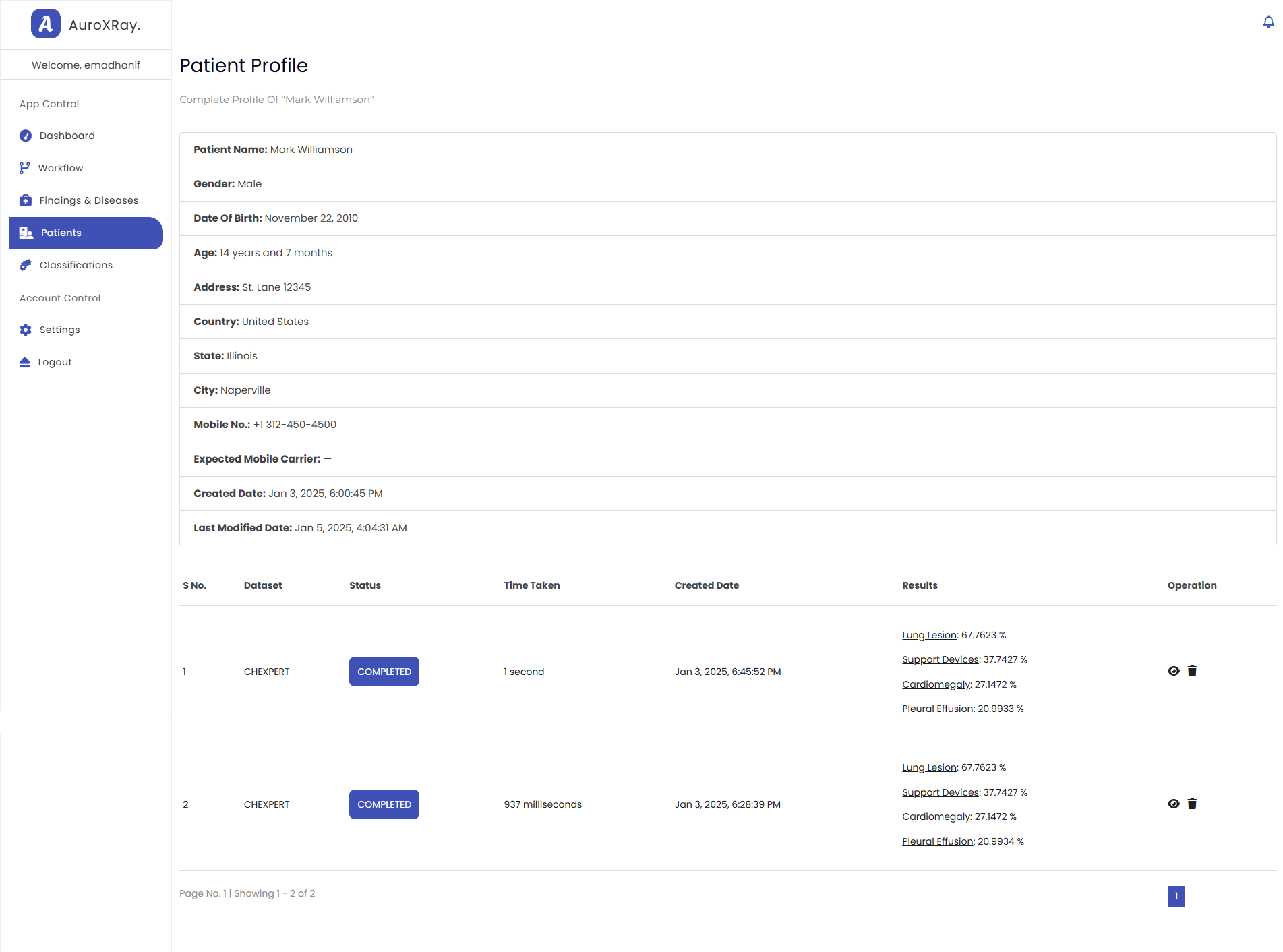 AuroXRay patient profile view with prior classification history.