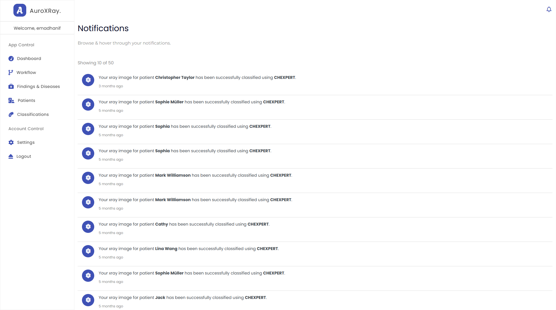 AuroXRay notification list and alerts panel
