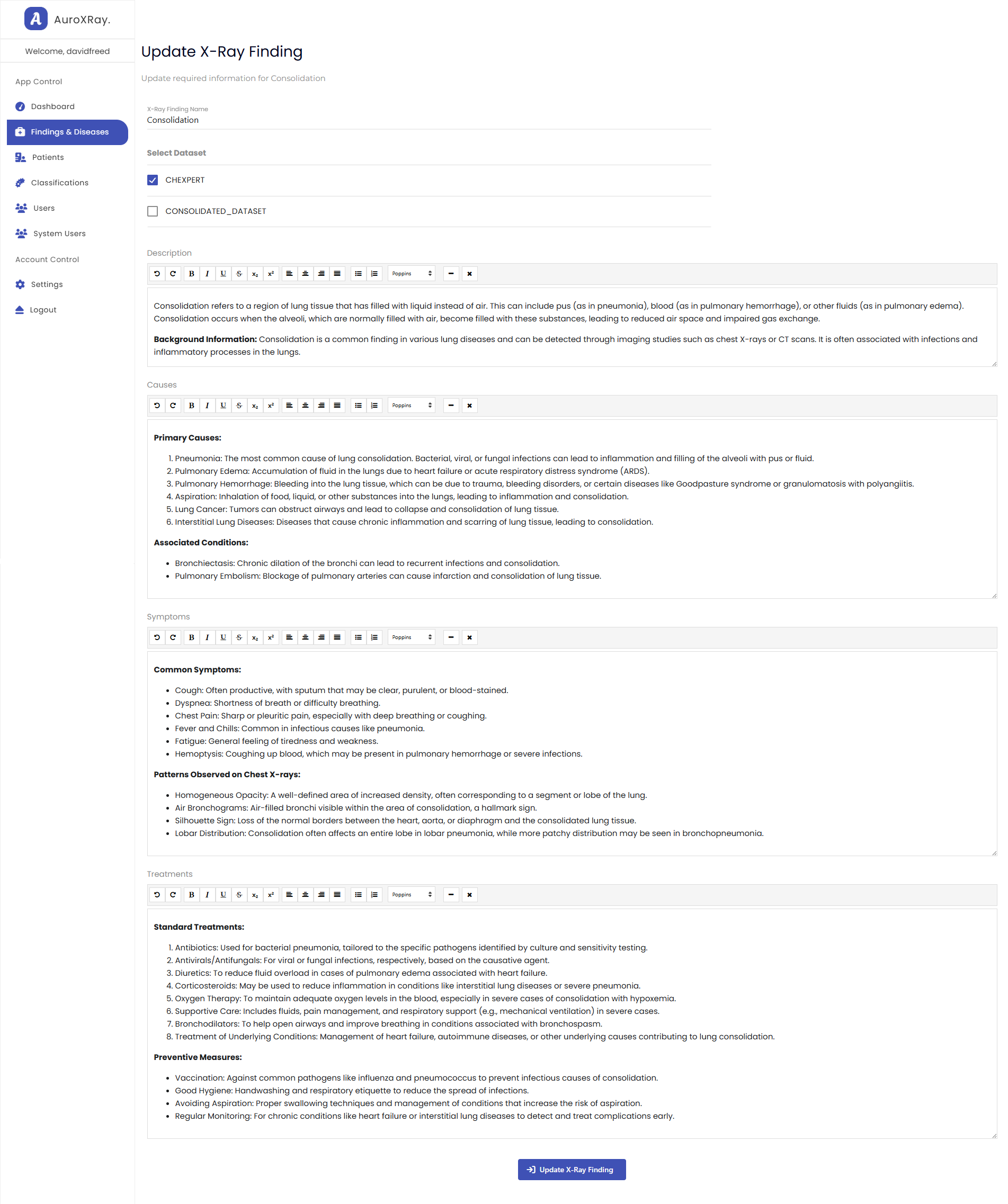 AuroXRay interface for updating consolidation finding