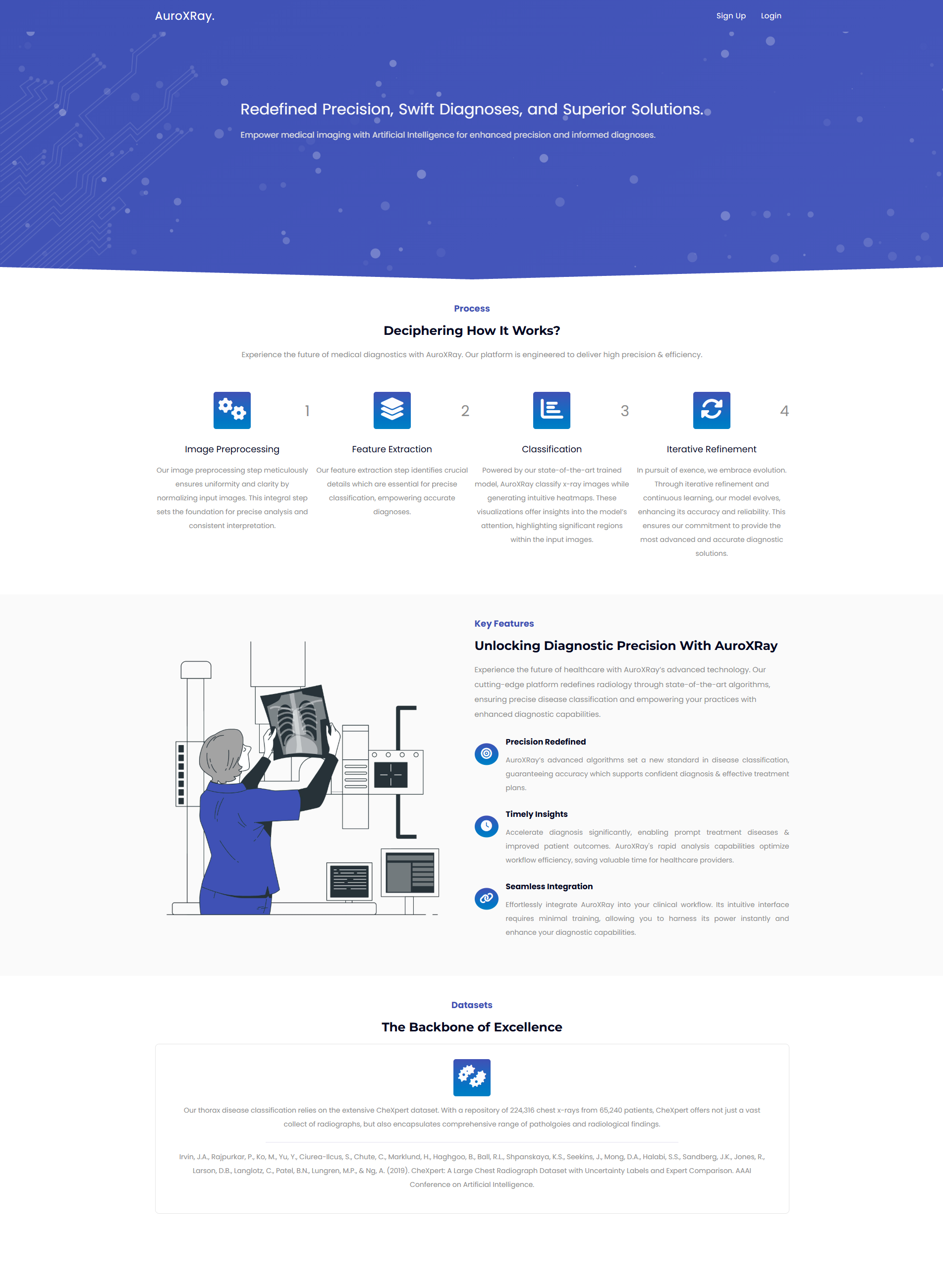 Full AuroXRay home page layout showcasing platform features and capabilities