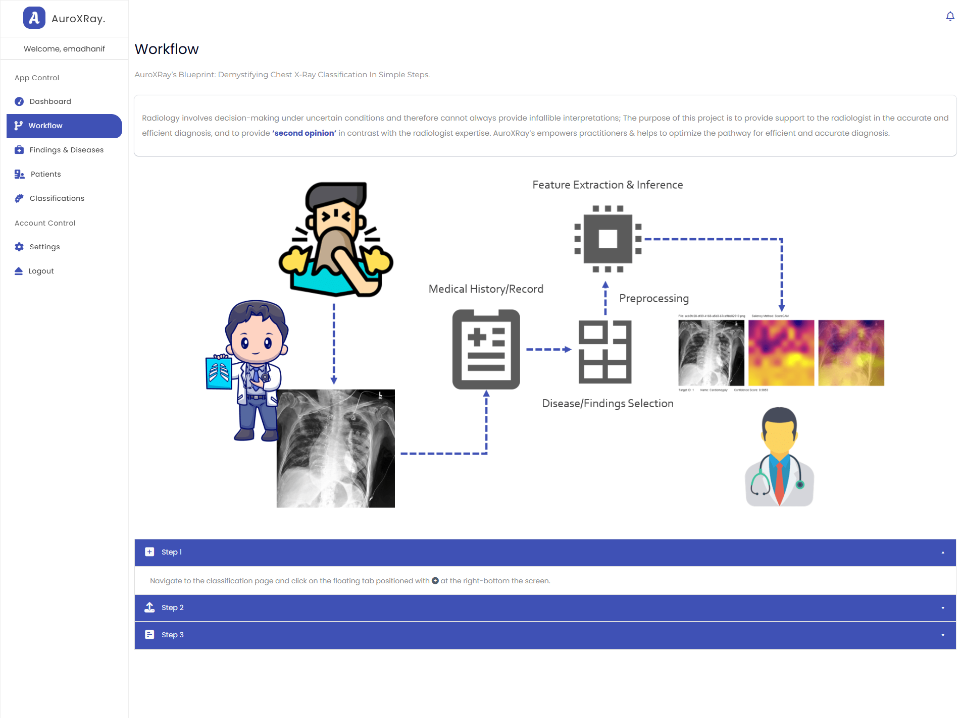AuroXRay workflow page showing the classification process steps