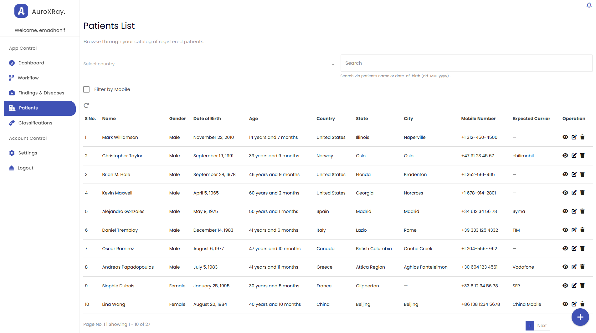 AuroXRay patient list management interface
