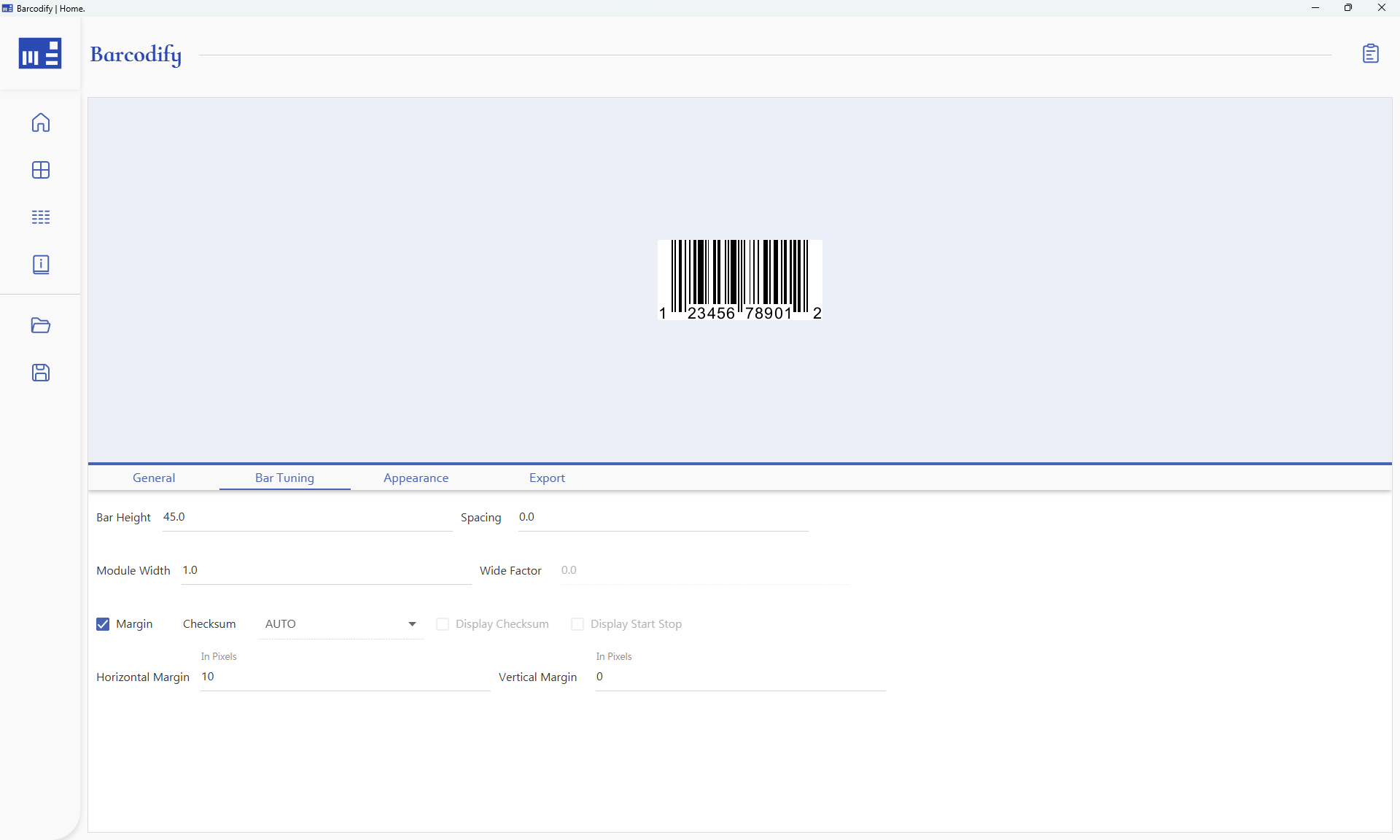 Barcodify UPC-A barcode configuration settings panel
