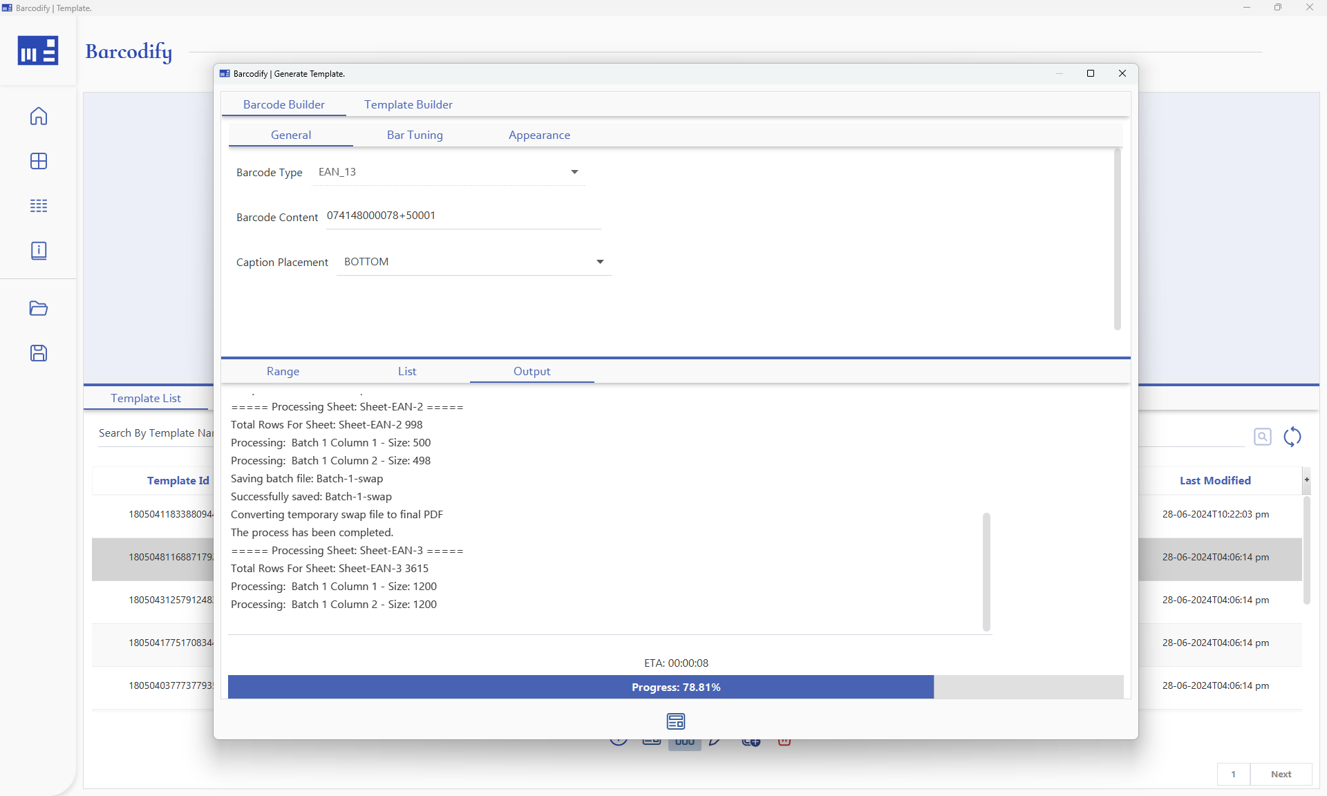 Barcodify generating EAN-13 barcode templates from Excel file
