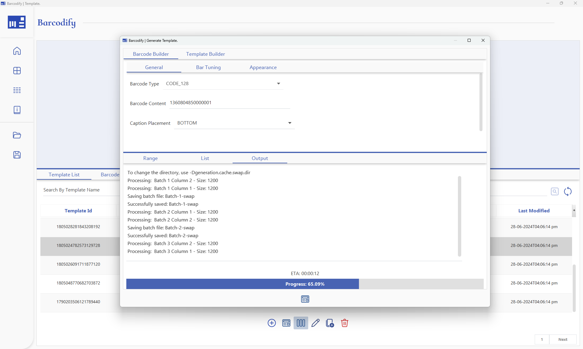 Barcodify generating CODE128 barcode templates from Excel file