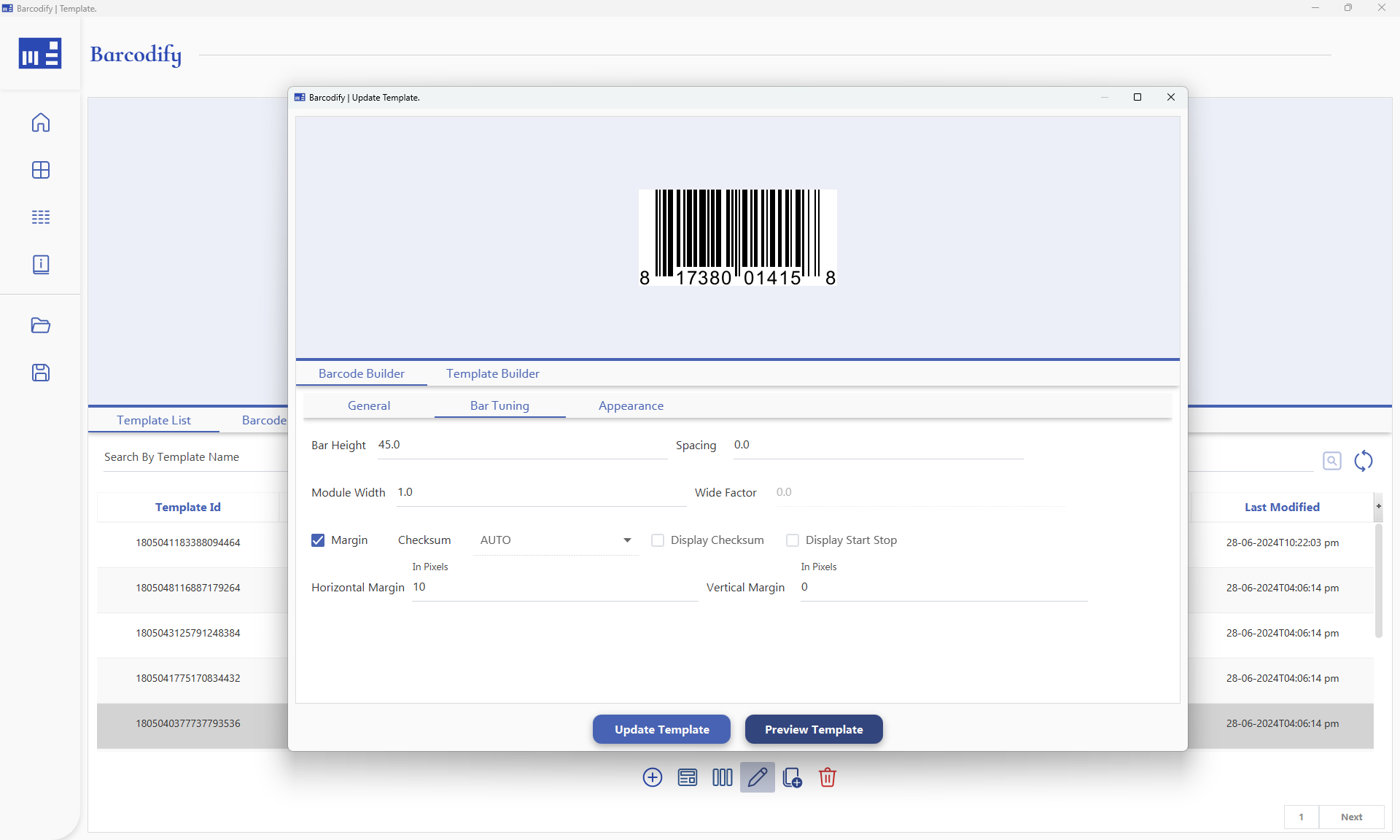 Barcodify updating an existing barcode template configuration
