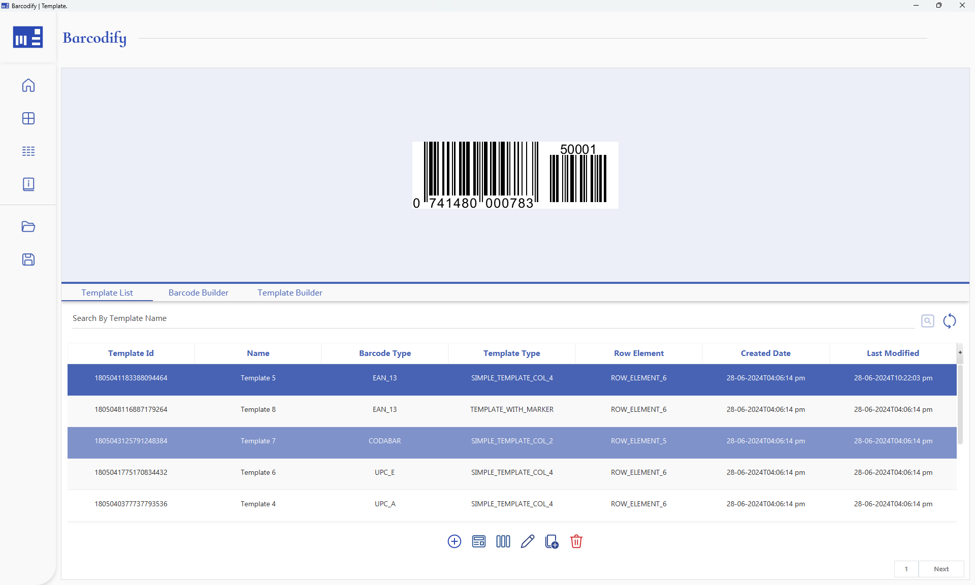Barcodify barcode template view with saved templates list