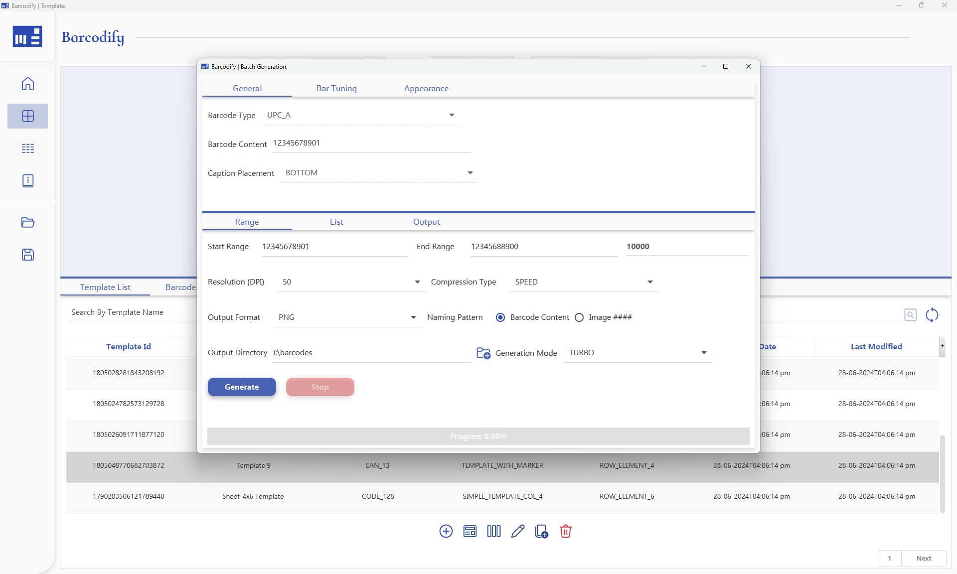 Barcodify template batch generation using numeric range input