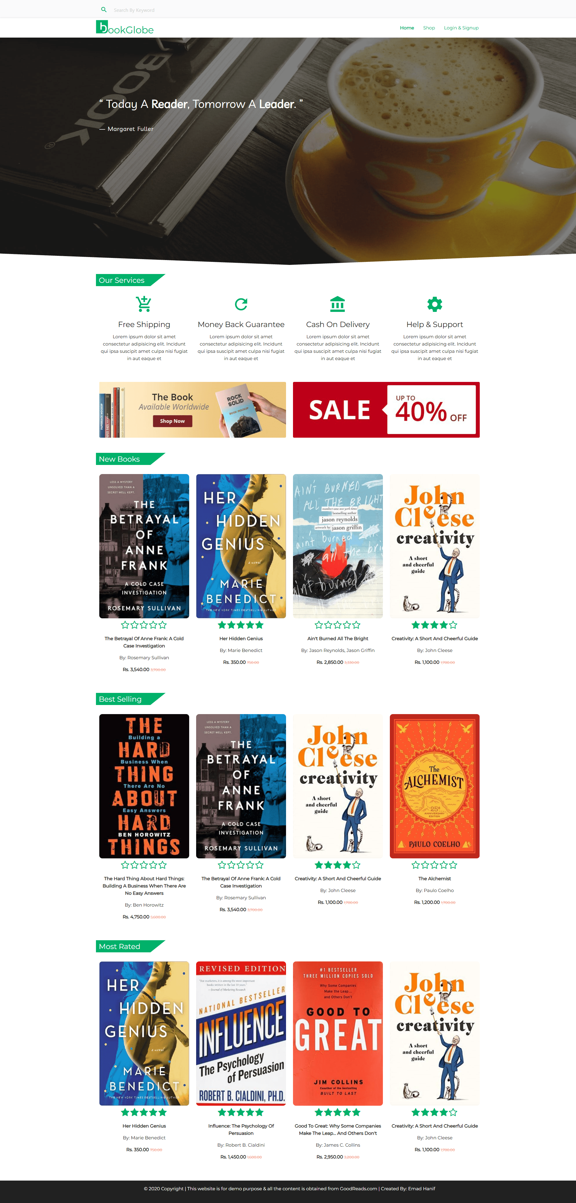 BookGlobe home page featuring best selling, top rated, and new book arrivals