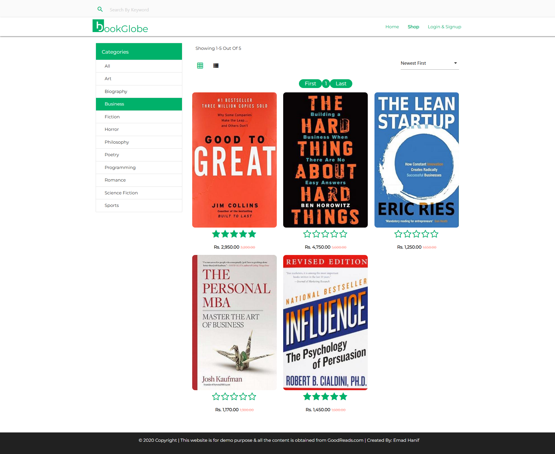 BookGlobe business category book listings with covers and prices