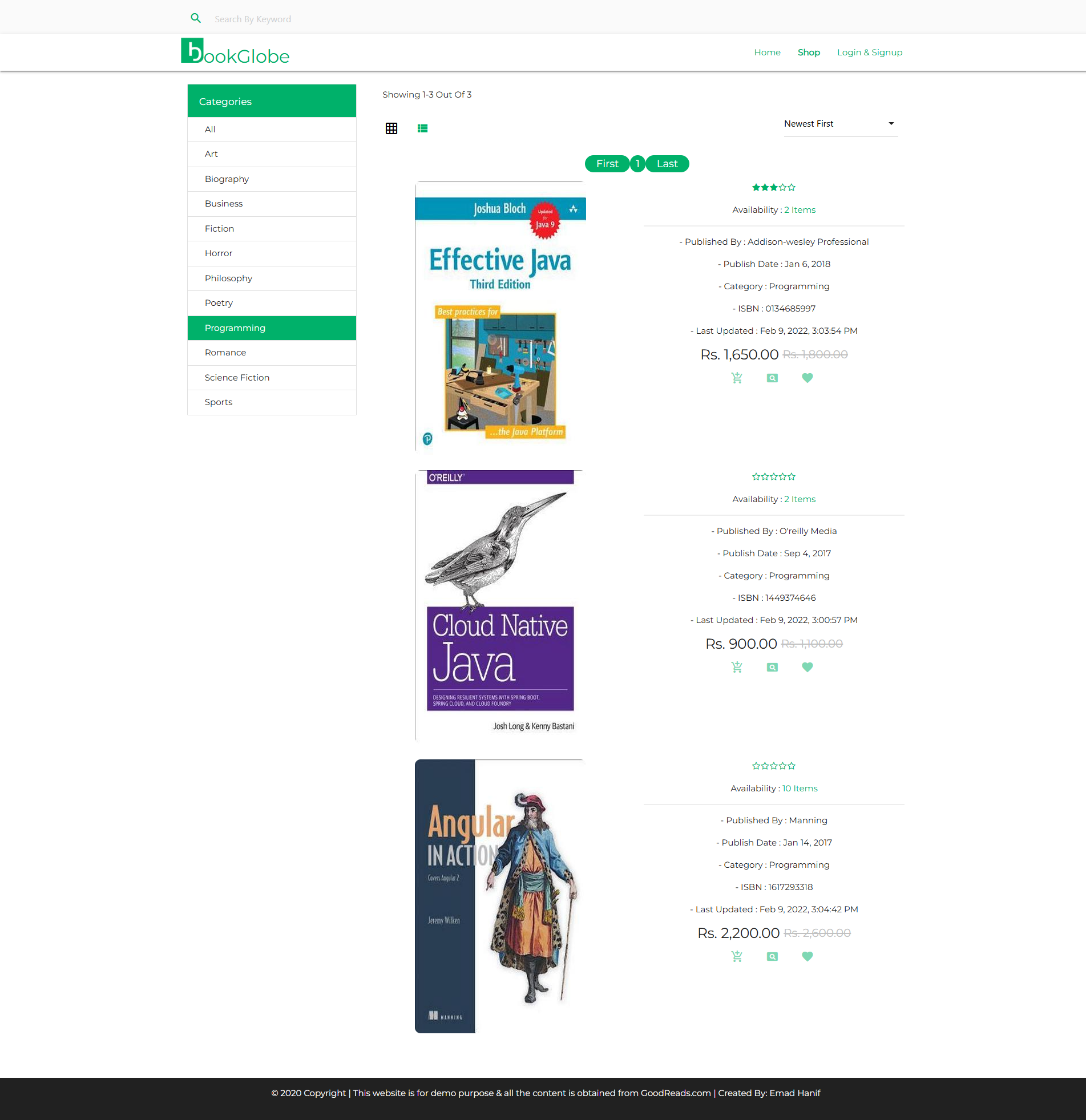 BookGlobe programming books displayed in list view with details