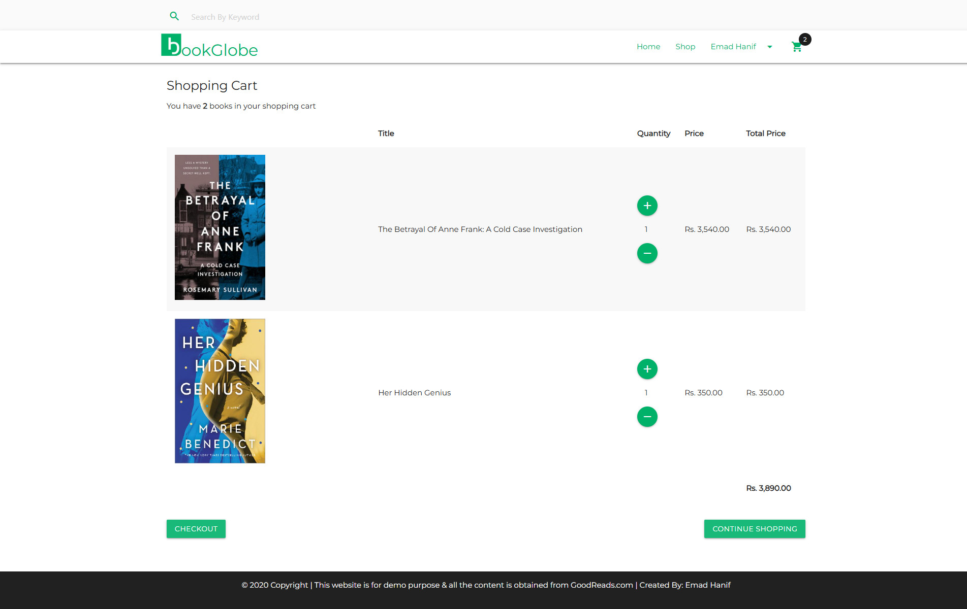 BookGlobe shopping cart with selected books and order summary