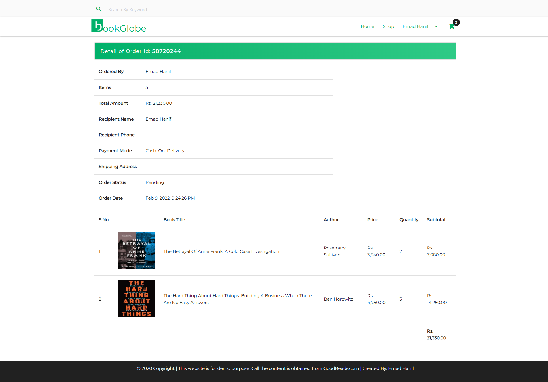 BookGlobe order information and payment details