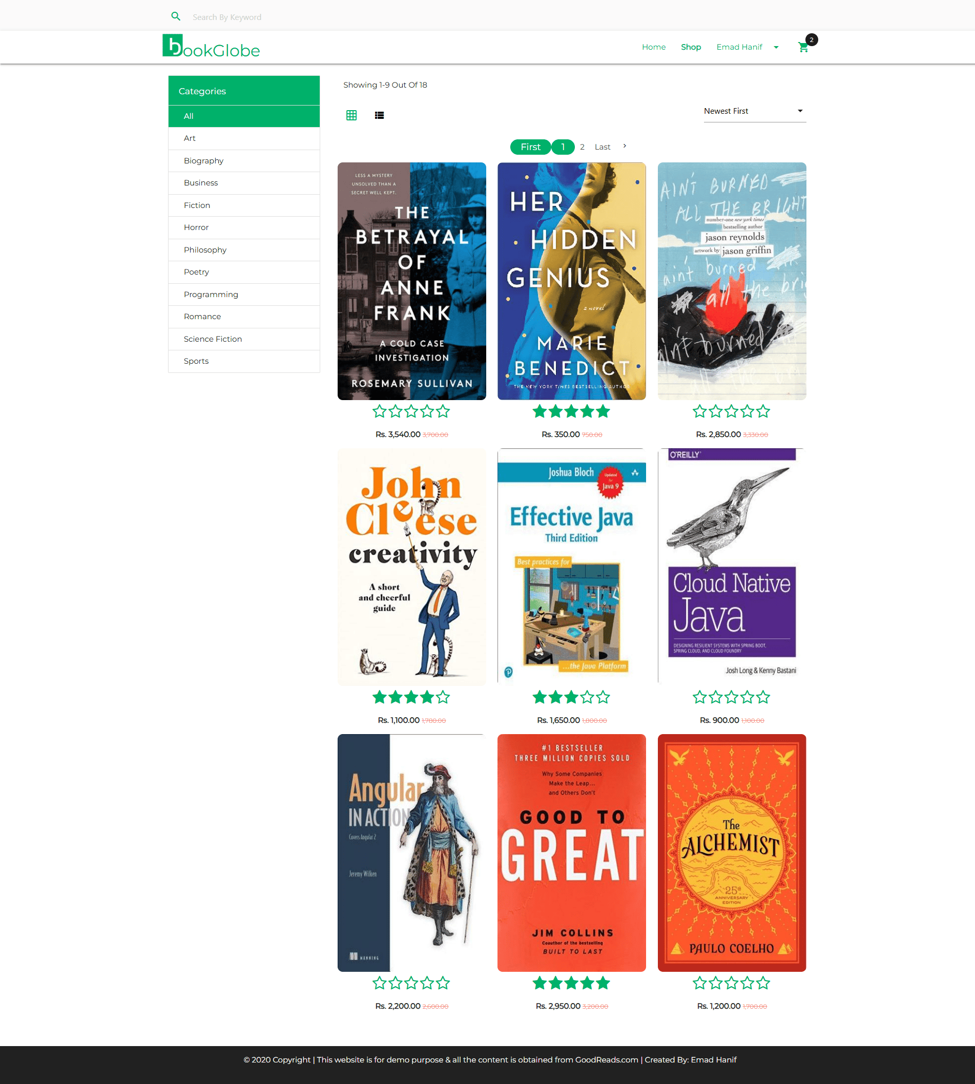 BookGlobe paginated catalog showing all available books in the shop