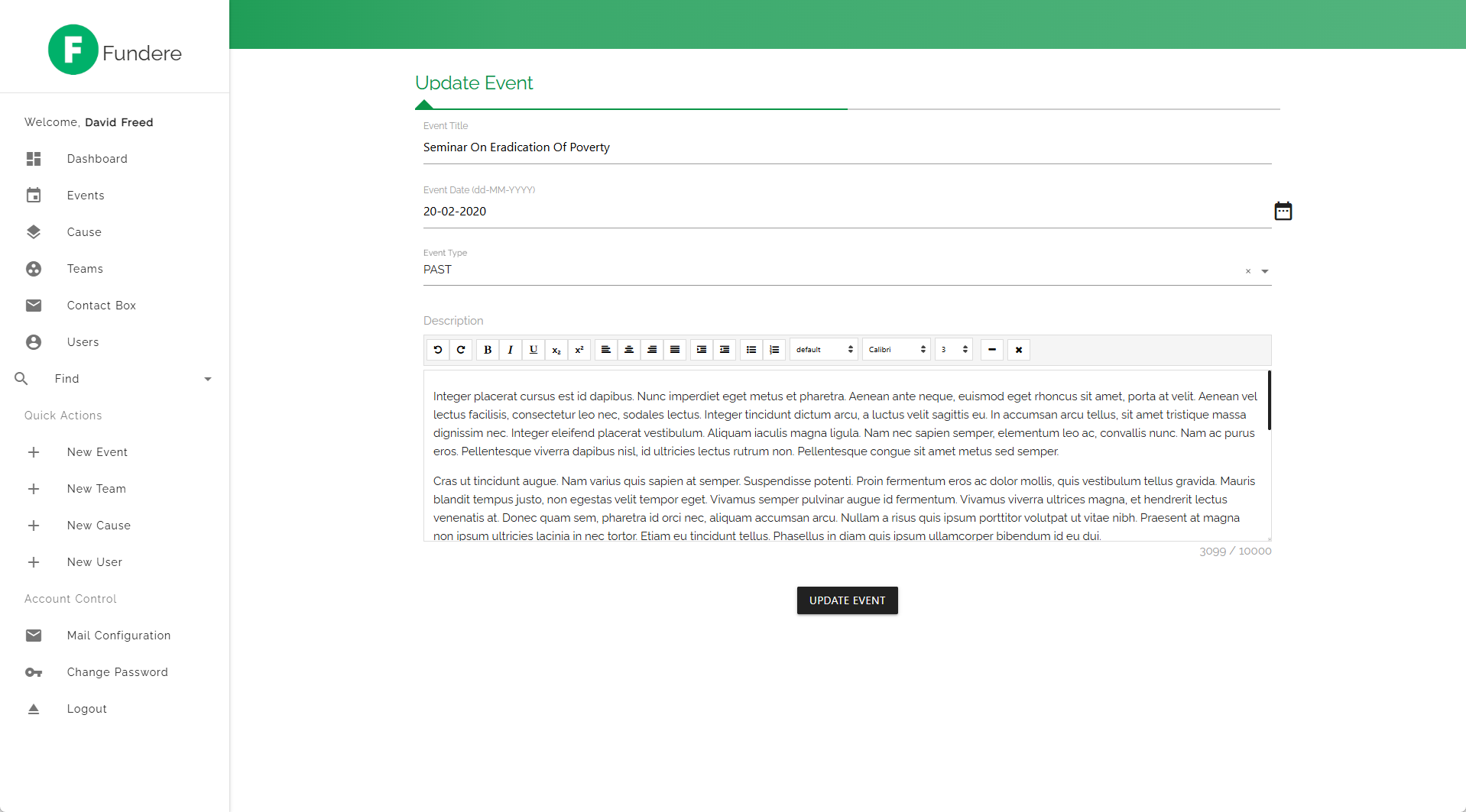 Fundere admin portal for updating charity event details